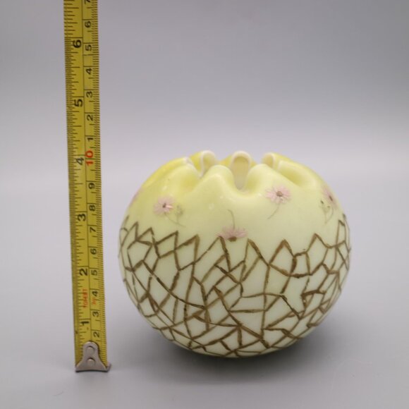 Antique Satin Glass Rose Bowl Vase Yellow Satin Hand Painted Flowers est. 1890 - Picture 6 of 6